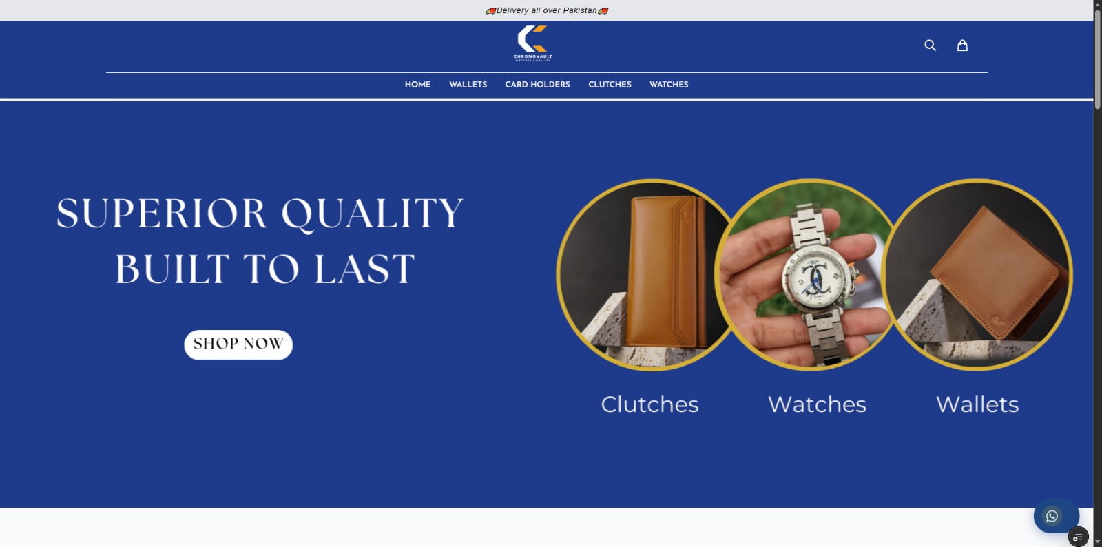 Custom e-commerce website for Chronovault, a watches and wallets brand