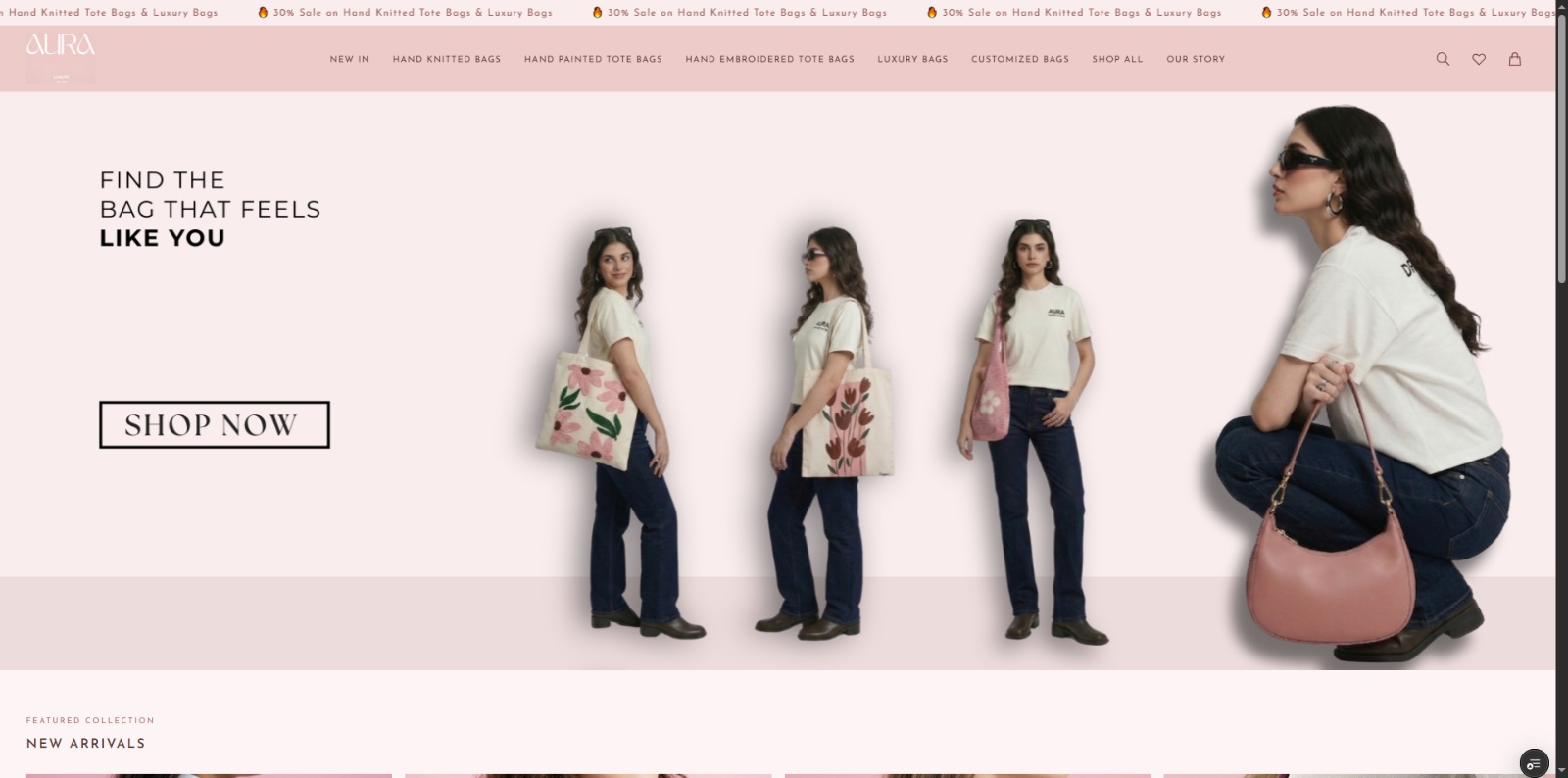 Custom e-commerce store for AuraLuxebags, a bag and accessories brand