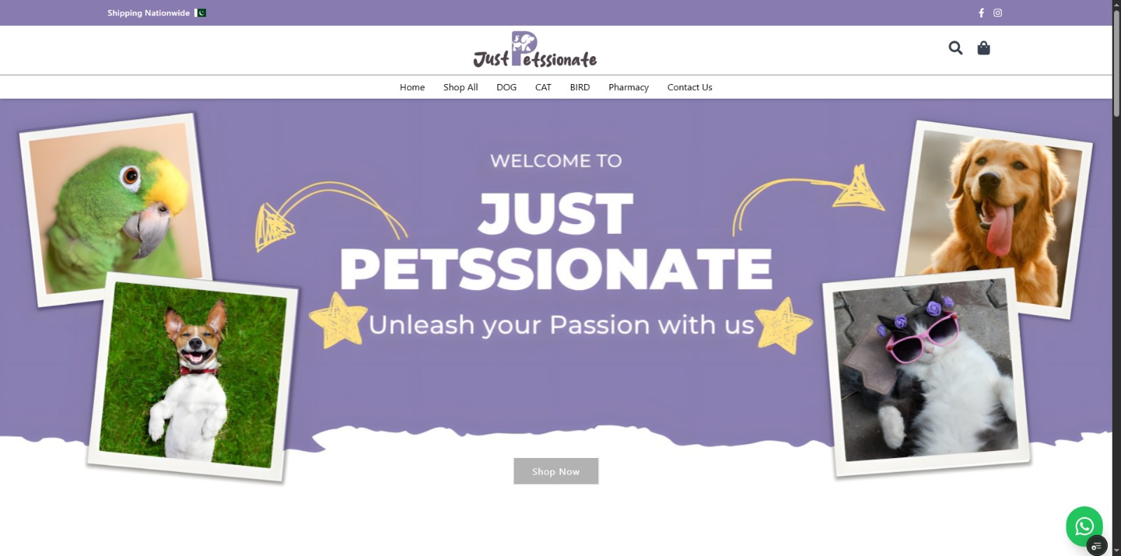 Custom e-commerce store for Just Passionate, a pet supplies brand